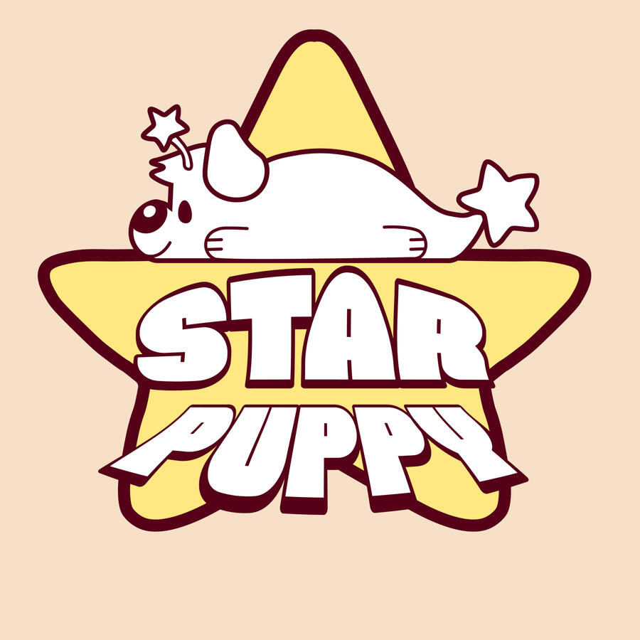 This image shows a star logo, with a puppy laying over it with star tail and antenna with the words 'STAR PUPPY' below it.